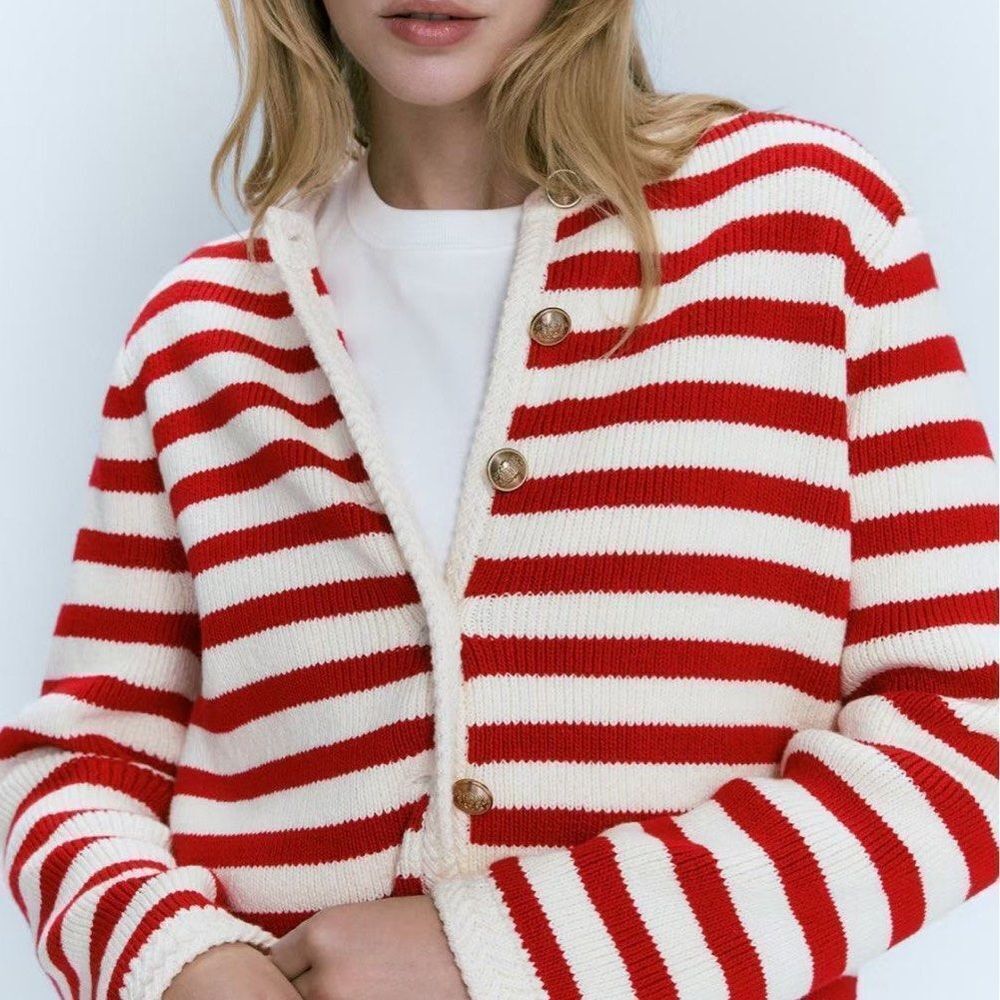 Massimo Dutti Cotton cardigan in red/ivory stripe